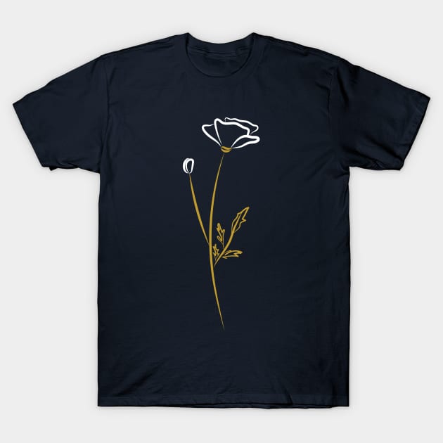 Modern minimal white poppy drawing on pink T-Shirt by sziszigraphics